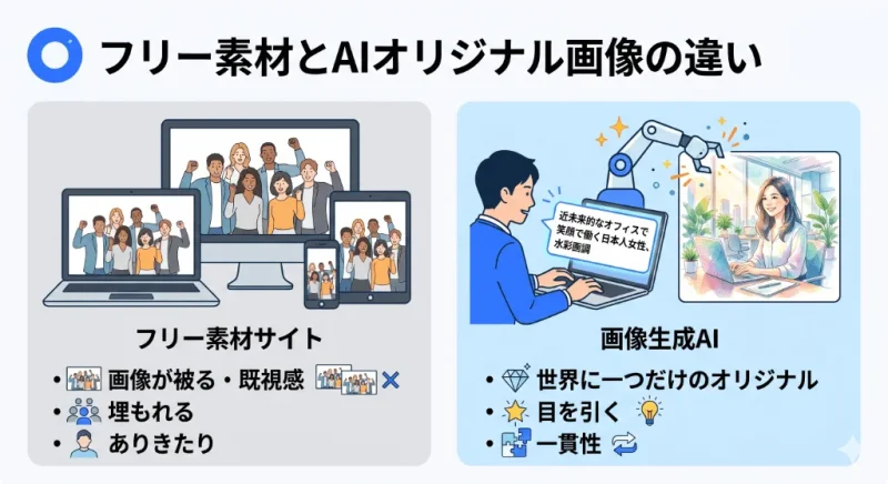 フリー素材特有の「画像の被り・既視感」と、画像生成AIによる「世界に一つだけのオリジナル画像」の違いを比較したインフォグラフィック