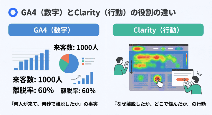Googleアナリティクス(事実・数字の把握)とMicrosoft Clarity(理由・行動の可視化)の役割の違いを示す比較図解