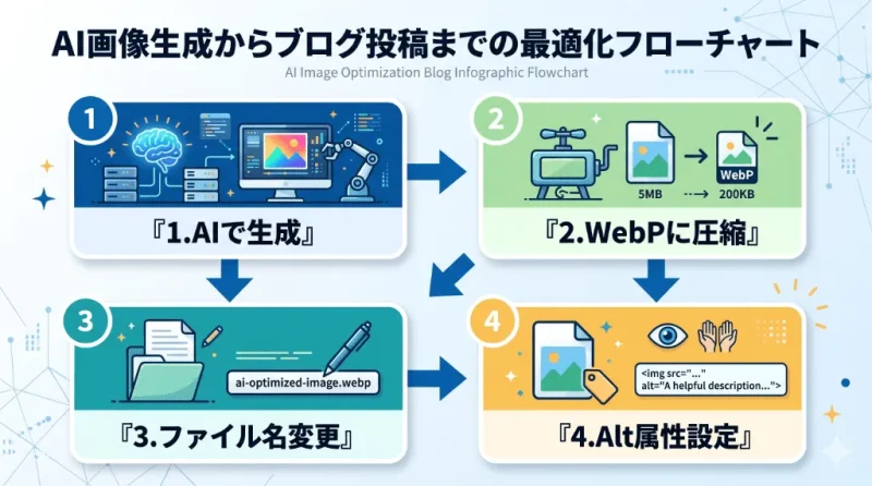 画像SEOの必須フローチャート図解（AI生成からAlt属性設定までの4ステップ）