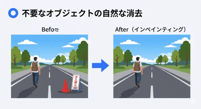 Geminiを使って風景写真から赤いコーンと看板を自然に消去（インペインティング）する前後の比較画像