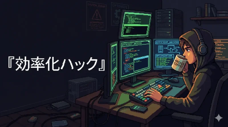 キーボードを叩くハッカーを描いたレトロなピクセルアート（ドット絵）風アイキャッチ画像（Gemini生成）