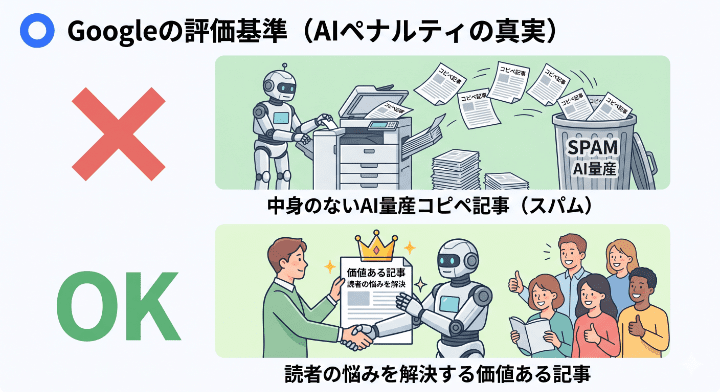 Googleペナルティの真実。AIの使用自体は問題なく、読者の役に立たないスパム的な量産記事が順位低下の対象になることを示す図解