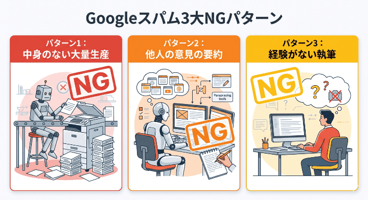 Googleからスパム認定を受ける「大量生産」「要約のみ」「経験不足」の3大NGパターンを図解