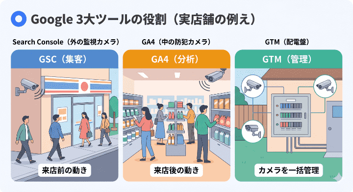 サーチコンソール（外の監視カメラ）、GA4（中の防犯カメラ）、GTM（配電盤）の役割の違いを実店舗に例えた図解