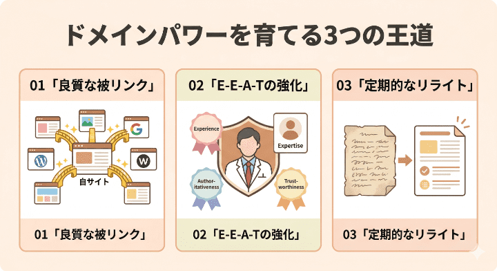 ドメインパワーを育てるための3つの王道施策(良質な被リンクの獲得、E-E-A-Tの強化、定期的なリライト)を示したインフォグラフィック