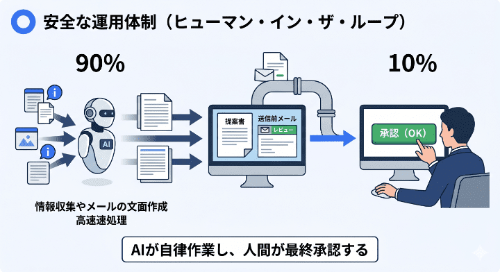 AIが9割の作業を自律的に行い、人間が最後の1割（送信や決済など）の承認・確認を行う安全な業務フロー（ヒューマン・イン・ザ・ループ）の図解