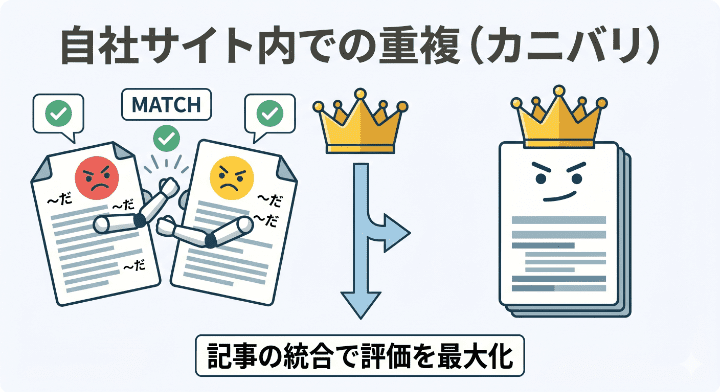 自社サイト内の似た記事同士が評価を食い合うカニバリゼーションと、記事統合による解決策の図解