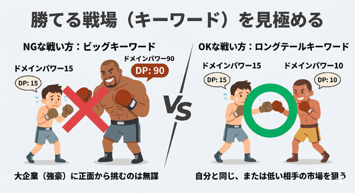 ドメインパワーの差をボクシングに例え、大企業に正面から挑まず、勝てるキーワード市場を見極める重要性を示したイラスト