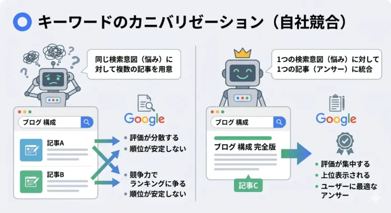 同じ検索意図の複数記事が自社競合し、Googleの評価が分散するカニバリゼーションの図解
