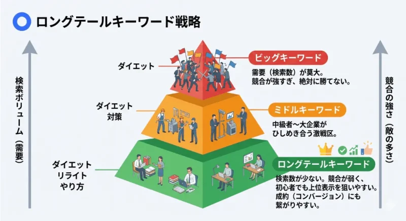 検索ボリュームと競合の強さを表したロングテールキーワード戦略の図解