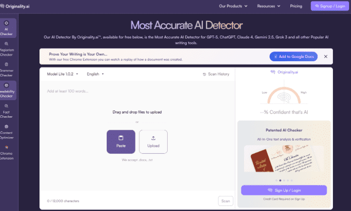 Originality.aiの管理画面。厳しい基準で算出されたAIスコアと、記事内の事実確認（ファクトチェック）が行われているレポート画面