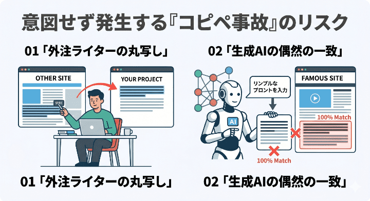 外注ライターの丸写しや生成AIによる意図しないコピペ発生のリスクを示すイラスト