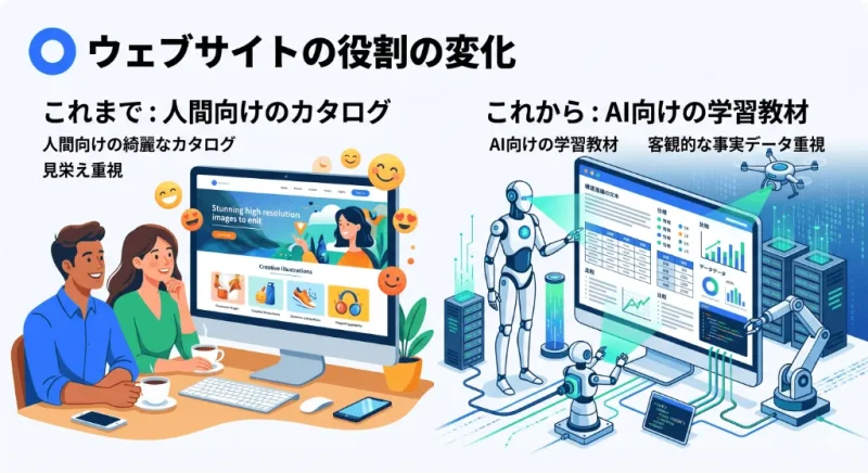 企業サイトの役割が、人間向けの「見栄えの良いカタログ」から、AI向けの「客観的な事実データが整理された学習教材」へと変化したことを対比した図解