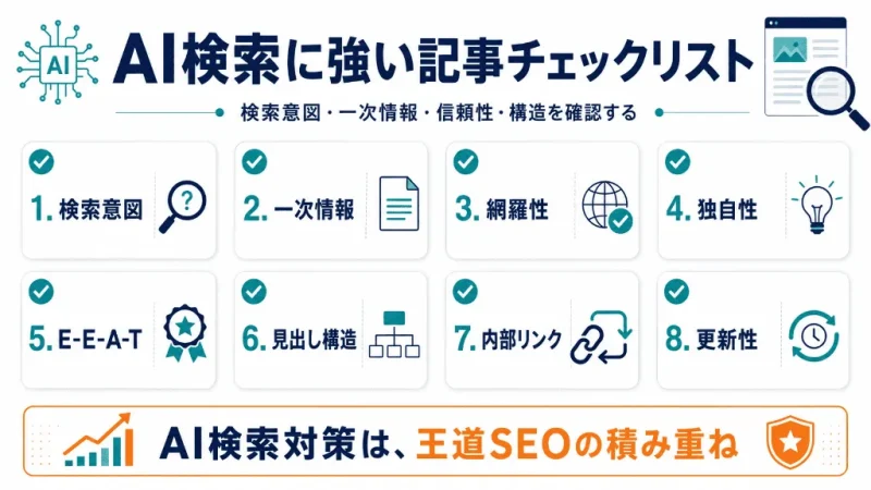 AI検索に強い記事を作るための検索意図・一次情報・E-E-A-T・サイト構造のチェックリスト