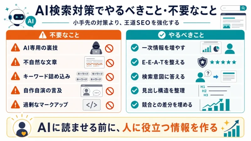 AI検索対策で不要な施策と本当にやるべきSEO施策を比較した図