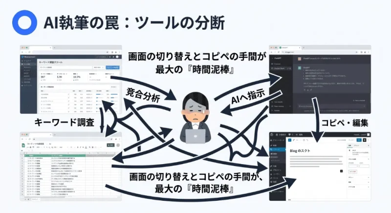 AIを導入しても執筆時間が減らない原因である「ツールの分断」を示した図解。キーワード調査、競合分析、チャットAIへの指示、コピペ、編集など、複数のツールを往復することで工数が増えている現状の課題。