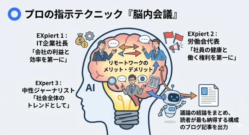 AIの頭の中に複数の専門家（IT企業社長、労働組合代表、ジャーナリスト）を呼び出し、特定のテーマについて議論させるプロンプトの図解