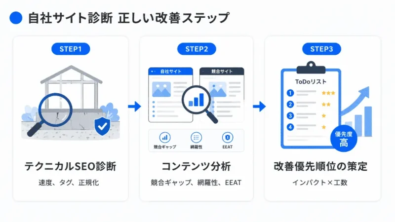 プロが実践するSEO診断3ステップ（テクニカル、コンテンツ分析、優先順位策定）のフロー図