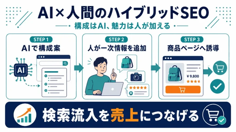 AIツールで構成案を作り人間が一次情報を加えてEC記事を作る流れを整理した図