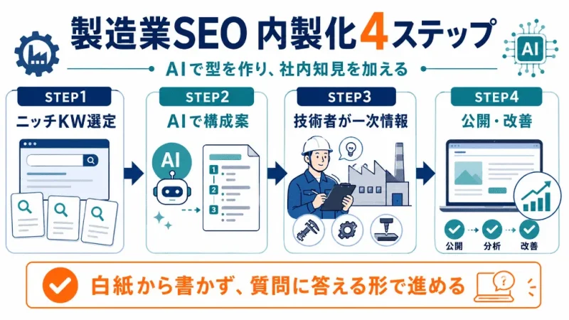 製造業SEOをAIツールと社内知見で内製化する4ステップを整理した図