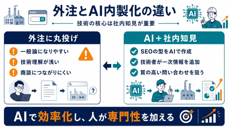 製造業SEOにおける外注とAIツールを活用した内製化の違いを整理した図