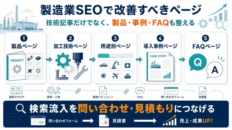 製造業SEOで改善すべき製品ページ・加工技術ページ・導入事例ページ・FAQを整理した図