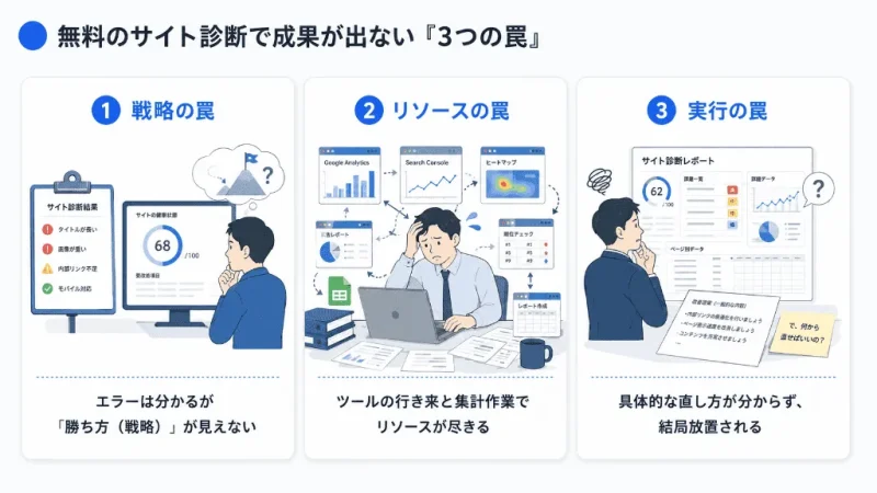 無料SEO診断ツールで陥りがちな3つの罠（戦略の欠如、リソース枯渇、改善指示の不在）の図解