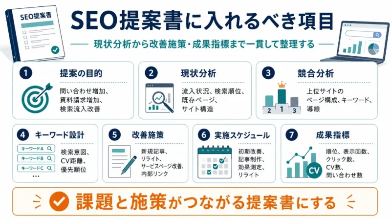 SEO提案書に入れるべき現状分析・競合分析・キーワード設計・改善施策・成果指標を整理した図